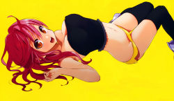 Rule 34 | 1girl, :d, absurdres, bare shoulders, black thighhighs, breasts, cleavage, dolphin shorts, highres, large breasts, long hair, looking at viewer, lying, micro shorts, on back, open mouth, orange eyes, red hair, short shorts, shorts, simple background, smile, solo, strapless, thigh gap, thighhighs, zekkyou, zekkyou (h9s9)