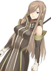 Rule 34 | 00s, 1girl, breasts, brown hair, dutch angle, gloves, hair over one eye, holding, holding weapon, long hair, looking at viewer, mizuki makoto, polearm, sidelocks, simple background, solo, staff, tales of (series), tales of the abyss, tear grants, very long hair, weapon, white background