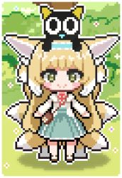 Rule 34 | 1girl, animal, animal ears, animal on head, arknights, blonde hair, blue hairband, blush stickers, bush, cat, cat on head, chibi, chinese commentary, commentary request, fox ears, fox girl, fox tail, frilled hairband, frills, full body, grass, green eyes, hairband, kitsune, long sleeves, looking at viewer, luo xiaohei, neck ribbon, on head, outdoors, pawamo power, pixel art, red ribbon, ribbon, shirt, smile, standing, straight-on, suzuran (arknights), suzuran (spring praise) (arknights), tail, luo xiaohei zhanji, white shirt