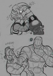 Rule 34 | 2boys, arms (game), blush, closed eyes, covering own mouth, ear blush, embarrassed, grey background, greyscale, helmet, kiss, laughing, male focus, mask, max brass, monochrome, multiple boys, no pupils, pointing, pompadour, pushing away, signature, simple background, sora-mito, spoken squiggle, spring man (arms), squiggle, surprised, yaoi