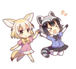 Rule 34 | &gt; &lt;, 10s, 2girls, :3, :d, > <, ^^^, animal ears, arm at side, arms up, black eyes, black footwear, black gloves, black hair, black ribbon, black skirt, blonde hair, blue shirt, breast pocket, brown hair, chibi, closed eyes, collar, common raccoon (kemono friends), eyelashes, facing away, fennec (kemono friends), fox ears, fox tail, full body, fur collar, fur trim, gloves, gradient hair, grey hair, happy, holding hands, jitome, jumping, kemono friends, loafers, looking at another, multicolored hair, multiple girls, neck ribbon, no nose, open mouth, pantyhose, pink sweater, pleated skirt, pocket, puffy short sleeves, puffy sleeves, raccoon ears, raccoon tail, ribbon, shiroi hakuto, shirt, shoes, short-sleeved sweater, short sleeves, simple background, skirt, smile, striped tail, sweater, tail, thighhighs, walking, white background, white footwear, white gloves, white hair, white legwear, white skirt, xd, yellow gloves, yellow legwear, yellow ribbon, zettai ryouiki