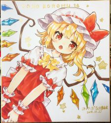 Rule 34 | 1girl, :o, artist name, blonde hair, blush, bow, bowtie, cowboy shot, crystal, dated, dutch angle, fangs, flandre scarlet, frilled shirt collar, frilled sleeves, frills, hat, hat bow, highres, looking at viewer, marker (medium), medium hair, mimi (mimi puru), mob cap, one side up, open mouth, photo (medium), puffy short sleeves, puffy sleeves, red bow, red eyes, red skirt, red vest, shikishi, shirt, short sleeves, simple background, skirt, skirt hold, skirt set, solo, star (symbol), touhou, traditional media, vest, white background, white shirt, wings, wrist cuffs, yellow bow, yellow bowtie