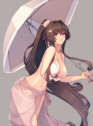 Rule 34 | 1girl, bikini, breasts, brown hair, cleavage, cowboy shot, flower, hair flower, hair ornament, hair ribbon, highres, himeyamato, kantai collection, large breasts, leaning forward, long hair, looking at viewer, official alternate costume, ponytail, red eyes, ribbon, sarong, see-through, see-through sarong, solo, swimsuit, umbrella, very long hair, white bikini, yamato (kancolle), yamato kai ni (kancolle)