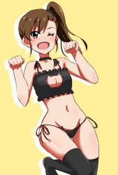 Rule 34 | 1girl, bell, bra, breasts, brown hair, cat cutout, cat ear panties, cat lingerie, cleavage cutout, clothing cutout, dars (recolors), futami mami, idolmaster, idolmaster (classic), jingle bell, long hair, looking at viewer, meme attire, navel, one eye closed, panties, side-tie panties, side ponytail, small breasts, solo, thighhighs, underwear, underwear only