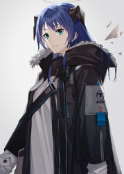 Rule 34 | 1girl, arknights, black jacket, blue eyes, blue hair, buckle, commentary request, demon horns, detached wings, energy wings, halo, highres, horns, jacket, long hair, long sleeves, looking at viewer, mostima (arknights), open mouth, raitho, shirt, simple background, smile, snap-fit buckle, solo, upper body, white background, white shirt, wings
