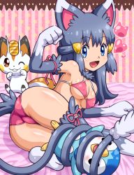 Rule 34 | 1girl, animal ears, animal hands, ass, bed sheet, bikini, blue eyes, blue hair, breasts, cat ears, cat tail, cosplay, covered erect nipples, creatures (company), dawn (pokemon), elbow gloves, game freak, gen 1 pokemon, gen 4 pokemon, glameow, glameow (cosplay), gloves, hair ornament, heart, looking at viewer, lying, matching hair/eyes, medium breasts, meowth, meowth (cosplay), multicolored background, nintendo, on side, pachirisu, paw gloves, paw pose, pink bikini, pink ribbon, piplup, pokemoa, pokemon, polka dot, polka dot background, ribbon, smile, solo focus, striped, striped background, swimsuit, tail, thighhighs, thighs, vertical stripes