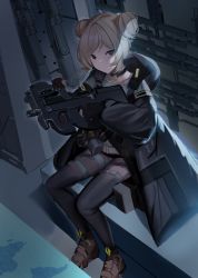 Rule 34 | 1girl, ammunition, black gloves, black jacket, black thighhighs, brown eyes, buckle, bullet, bullpup, double bun, fn 5.7x28mm, girls&#039; frontline, gloves, gun, hair bun, highres, hood, hooded jacket, horizontal magazine, jacket, light brown hair, long sleeves, maanu, p90, p90 (girls&#039; frontline), partially fingerless gloves, pdw cartridge, see-through, sitting, snap-fit buckle, solo, submachine gun, tactical clothes, thigh strap, thighhighs, translucent, weapon