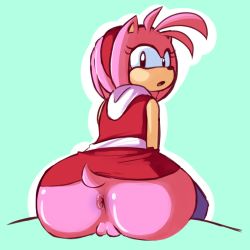 Rule 34 | 1girl, amy rose, animal ears, anus, ass, bare shoulders, cleft of venus, dress, eyelashes, from behind, fupoo, furry, hairband, looking at viewer, looking back, no panties, open mouth, pink fur, pussy, red dress, shiny kin, sitting, sonic (series), tail