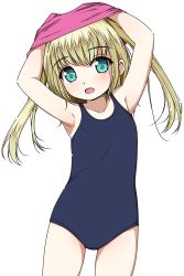 Rule 34 | 1girl, arms up, blonde hair, child, cowboy shot, green eyes, highres, long hair, matsunaga kouyou, one-piece swimsuit, original, school swimsuit, simple background, solo, swimsuit, twintails, undressing, white background