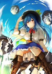 Rule 34 | 1girl, absurdres, black headwear, blouse, blue hair, blue skirt, blue sky, boots, bow, bowtie, brown footwear, center frills, closed mouth, commentary request, frilled skirt, frills, from below, hand on headwear, highres, hinanawi tenshi, hira-san, leaf, leaf hat ornament, long hair, looking at viewer, looking down, outdoors, puffy short sleeves, puffy sleeves, rainbow order, red bow, red bowtie, red eyes, rock, rope, shide, shimenawa, shirt, short sleeves, sitting, skirt, sky, smile, solo, touhou, white shirt
