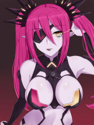 Rule 34 | 1girl, bare shoulders, black gloves, breasts, choujigen game neptune mk2, elbow gloves, eyepatch, gloves, hair ornament, highres, large breasts, long hair, looking at viewer, magic the hard, neptune (series), paid reward available, pink hair, pointy ears, revealing clothes, solo, twintails, yellow eyes, zatsu