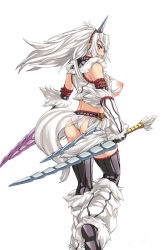 Rule 34 | 1girl, ass, bad id, bad pixiv id, breasts, capcom, chaotic-unknown, elbow gloves, gloves, horns, kirin (armor), long hair, looking back, monster hunter (series), nipples, see-through, sideboob, single horn, solo, thighhighs, weapon, white hair