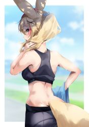 Rule 34 | 1girl, animal ears, bare arms, blonde hair, blurry, blurry background, blush, bow, fennec fox, fox ears, fox girl, fox tail, from behind, hair bow, hair ornament, heart, heart-shaped pupils, hololive, long hair, looking at viewer, looking back, midriff, multicolored hair, omaru polka, ponytail, solo, sports bra, streaked hair, sweat, symbol-shaped pupils, tail, tsushi, virtual youtuber, x hair ornament, yellow tail