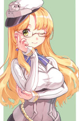 Rule 34 | 1girl, blonde hair, blue neckwear, breasts, glasses, green eyes, hand on own chin, hat, kantai collection, long hair, long sleeves, medium breasts, military, military uniform, mitsuyo (mituyo324), northampton (kancolle), one eye closed, simple background, smile, solo, two-tone background, uniform, upper body, white hat