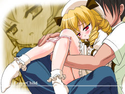 Rule 34 | 1boy, 1girl, blonde hair, blush, clothed sex, couple, drill hair, eastern and little nature deity, hat, hetero, legs up, luna child, panties, panty pull, pink panties, red eyes, saliva, sex, socks, sweat, touhou, touhou sangetsusei, underwear, wallpaper, yamu (reverse noise), zoom layer