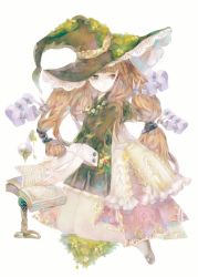 Rule 34 | 1girl, bad id, bad pixiv id, black hat, blue eyes, book, brown hair, dress, expressionless, flats, floating, floating object, flower, hair ornament, hat, lace-trimmed hat, lace trim, leaf, long hair, looking back, moss, open book, original, pale color, pantyhose, simple background, solo, vial, white background, witch, witch hat, yogisya