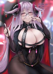 Rule 34 | 1girl, absurdres, azur lane, black-framed eyewear, black horns, black nails, blurry, blurry background, bodystocking, breast cutout, breasts, clothing cutout, covered navel, curled horns, friedrich carl (azur lane), gem, hair ornament, heart, highres, holding, horn ornament, horns, huge breasts, long hair, long sleeves, looking at viewer, mature female, mixed-language commentary, pink gemstone, purple eyes, purple hair, rectangular eyewear, red gemstone, semi-rimless eyewear, solo, stomach cutout, tini, very long hair, watermark