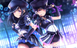 Rule 34 | 10s, 2girls, alternate hairstyle, ass, black hair, breasts, club (shape), commentary request, cross, elbow gloves, fingerless gloves, fishnets, gloves, hair down, hat, headset, highres, kazuno leah, kazuno sarah, long hair, looking at viewer, love live!, love live! sunshine!!, love live! sunshine!! the school idol movie over the rainbow, low twintails, medium breasts, multiple girls, otsumami (otsu-mugi), pink eyes, purple hair, saint snow, short shorts, short sleeves, shorts, siblings, sidelocks, sisters, small breasts, spade (shape), spoilers, standing, twintails