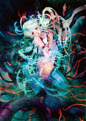 Rule 34 | 1girl, av idol, cable, commentary, cover, cyberpunk, dissolving, dvd cover, energy, english commentary, glowing, green hair, highres, hologram, machinery, megazone 23, mikimoto haruhiko, official art, open mouth, promotional art, red eyes, reveal, science fiction, spoilers, tokimatsuri eve, trapped
