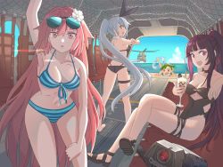 Rule 34 | 4girls, :d, aircraft, alternate costume, alternate hairstyle, ass, beach, bikini, black bikini, black one-piece swimsuit, blue bikini, blue sky, boeing, boeing defense, space &amp; security, breasts, casual one-piece swimsuit, ch-47 chinook, cleavage, cloud, commentary request, day, dinergate (girls&#039; frontline), eyewear on head, five-seven (cruise queen) (girls&#039; frontline), five-seven (girls&#039; frontline), flower, front-tie bikini top, front-tie top, g28 (girls&#039; frontline), girls&#039; frontline, green hair, hair flower, hair ornament, hair ribbon, halterneck, hand on own thigh, helicopter, long hair, looking at viewer, looking back, medium breasts, milkshake, multiple girls, ntw-20 (girls&#039; frontline), ntw-20 (op. blazing sun) (girls&#039; frontline), ocean, official alternate costume, one-piece swimsuit, open mouth, panties, pink hair, ponytail, purple hair, ribbon, silver hair, sky, smile, strapless, strapless one-piece swimsuit, string bikini, striped bikini, striped clothes, striped panties, sunglasses, swimsuit, tab (tabkun), thigh strap, underwear, very long hair, wa2000 (girls&#039; frontline), wa2000 (op. manta ray) (girls&#039; frontline), waving, white flower