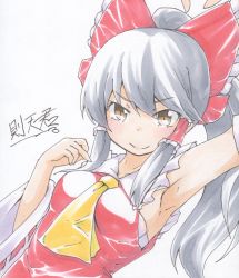 Rule 34 | &gt;:), 1girl, arm up, armpits, ascot, between breasts, black hair, blouse, blush, bow, breasts, brown eyes, detached sleeves, graphite (medium), hair bow, hakurei reimu, highres, leaning to the side, long hair, looking at viewer, marker (medium), medium breasts, middle finger, ponytail, presenting armpit, sarashi, shirt, smile, sokutenkun, solo, touhou, traditional media, v-shaped eyebrows, yellow ascot