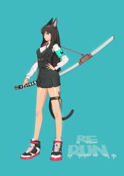 Rule 34 | 1girl, absurdres, animal ears, armband, blue eyes, brown hair, cat, cat ears, cat tail, highres, long hair, miniskirt, original, shoes, skirt, sneakers, solo, sword, tail, vest, weapon, what (hemspect)