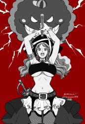 Rule 34 | 1girl, armpits, arms up, artist request, breasts, electricity, gloves, hat, highres, incoming attack, large breasts, long hair, low twintails, midriff, nami (one piece), one piece, one piece film: red, pirate, pirate hat, shinonome (7566ani), skirt, staff, sword, thighhighs, twintails, underboob, weapon, wide hips, zeus (one piece)