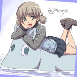 Rule 34 | 10s, 1girl, :d, aki (girls und panzer), ankle boots, blue footwear, blue jacket, blue skirt, boots, commentary, girls und panzer, green eyes, grey socks, hair tie, head rest, jacket, keizoku military uniform, legs up, light brown hair, long sleeves, looking at viewer, lying, military, military uniform, miniskirt, moomin, moomintroll, on stomach, one-hour drawing challenge, open mouth, pleated skirt, raglan sleeves, shinmai (kyata), short hair, short twintails, sketch, skirt, smile, socks, solo, track jacket, twintails, twitter username, uniform, wading