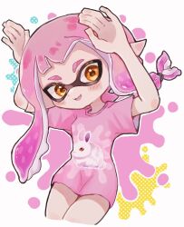 Rule 34 | 1girl, arms up, commentary request, highres, inkling, inkling girl, inkling player character, long hair, nintendo, open mouth, pink hair, pink shirt, pointy ears, print shirt, shirt, smile, solo, splatoon (series), splatoon 3, tebasaki (teba illust), tentacle hair, white background, yellow eyes
