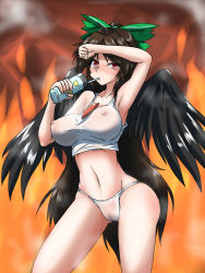 Rule 34 | 1girl, ahoge, alternate costume, arm up, armpits, arms up, ashcape, bare shoulders, black hair, black wings, blush, body blush, bow, breasts, brown hair, cameltoe, camisole, collarbone, covered erect nipples, drinking, female focus, fiery background, fire, groin, hair bow, highres, hip focus, hot, impossible clothes, large breasts, long hair, looking at viewer, navel, nipples, nose blush, panties, parted bangs, ponytail, red eyes, reiuji utsuho, see-through, shiny skin, solo, sweat, tank top, third eye, touhou, underwear, underwear only, very long hair, white panties, wide hips, wings