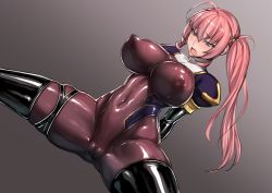Rule 34 | ahoge, bodysuit, breasts, cameltoe, cleft of venus, covered navel, impossible bodysuit, impossible clothes, large breasts, latex, looking down, mutsuki himemaru, nun, original, pink hair, purple eyes, rindou (radical dream), shiny clothes, side ponytail, skin tight, skindentation, solo, spread legs, thick thighs, thigh strap, thighhighs, thighs