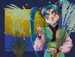 1girl aqua_hair facial_mark forehead_mark freckles hair_ornament holding masaki_sasami_jurai non-web_source official_art pink_eyes plant smile solo susuki_grass tenchi_muyou! twintails