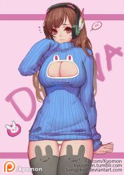 Rule 34 | 1girl, :3, alternate breast size, animal ear legwear, animal print, arm at side, arm up, artist name, blush, breasts, brown hair, character name, cleavage, cleavage cutout, clothing cutout, d.va (overwatch), facepaint, facial mark, flying sweatdrops, grey thighhighs, headgear, large breasts, long hair, long sleeves, meme attire, no bra, open-chest sweater, overwatch, overwatch 1, panties, panties under pantyhose, pantyhose, pantyshot, pink background, rabbit ear legwear, rabbit print, red eyes, ribbed sweater, simple background, sleeves past wrists, solo, songjikyo, speech bubble, spoken blush, standing, sweater, thigh gap, thighhighs, underwear, watermark, web address, whisker markings, white panties