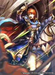 Rule 34 | 1boy, armor, armored boots, blue eyes, boots, cape, copyright name, eliwood (fire emblem), fire emblem, fire emblem: the blazing blade, fire emblem cipher, horseback riding, huge weapon, male focus, nintendo, official art, red hair, riding, solo, sword, wada sachiko, wadadot lv, weapon, white horse
