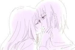 Rule 34 | bob cut, closed eyes, hair between eyes, hands on another&#039;s face, highres, imminent kiss, long hair, long sleeves, looking at another, monochrome, namori, open mouth, original, pink theme, short hair, sketch, teardrop, tearing up, white background, yuri