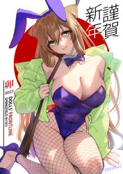 Rule 34 | 1girl, alternate costume, animal ears, arm support, blush, bolt action, bow, bowtie, breasts, brown hair, chinese zodiac, cleavage, closed mouth, detached collar, fake animal ears, fishnet pantyhose, fishnets, girls&#039; frontline, green eyes, green jacket, gun, hair between eyes, hair rings, happy new year, head tilt, highleg, highleg leotard, holding, holding gun, holding weapon, jacket, large breasts, leotard, lips, long hair, looking at viewer, m1903 springfield, neck, new year, off shoulder, pantyhose, playboy bunny, purple bow, purple bowtie, purple leotard, rabbit ears, rifle, shoukaki (earthean), shrug (clothing), sidelocks, sitting, smile, springfield (girls&#039; frontline), strapless, strapless leotard, thick thighs, thighs, very long hair, weapon, white background, year of the rabbit, yokozuwari