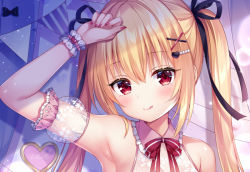 Rule 34 | 1girl, :q, arm up, armpits, bare shoulders, black bow, blonde hair, bow, bowtie, closed mouth, cropped, detached sleeves, hair between eyes, hair ornament, hair ribbon, hairclip, heart, long hair, looking at viewer, mitsuba choco, nail polish, neck ribbon, original, puffy short sleeves, puffy sleeves, red eyes, red nails, red ribbon, ribbon, see-through, see-through sleeves, short sleeves, smile, solo, striped bow, striped bowtie, striped clothes, tongue, tongue out, twintails, upper body, wing collar, wrist cuffs, x hair ornament