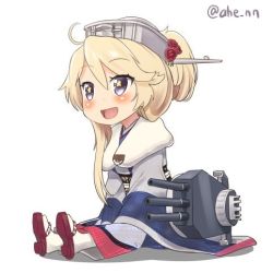 Rule 34 | 1girl, :d, ahenn, ahoge, chibi, commentary request, fur scarf, headgear, iowa (kancolle), japanese clothes, kantai collection, kimono, light brown hair, long hair, lowres, machinery, open mouth, ponytail, grey eyes, simple background, sitting, smile, solo, star-shaped pupils, star (symbol), symbol-shaped pupils, turret, twitter username, white background