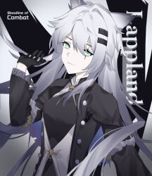 Rule 34 | 1girl, animal ears, arknights, black dress, black gloves, black jacket, blue eyes, breasts, character name, closed mouth, dress, gloves, grey hair, hair between eyes, hair ornament, hairclip, hand up, hua ye, jacket, lappland (arknights), lappland (refined horrormare) (arknights), looking at viewer, open clothes, open jacket, scar, scar across eye, shirt, small breasts, smile, solo, upper body, white shirt