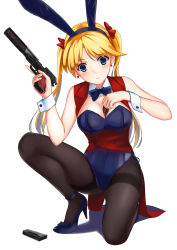Rule 34 | 1girl, animal ears, between breasts, black pantyhose, blonde hair, blue eyes, bow, bowtie, breasts, cleavage, coattails, detached collar, fake animal ears, gun, hair bow, highres, leotard, long hair, magazine (weapon), mizuki (mizuki ame), on one knee, original, pantyhose, playboy bunny, rabbit ears, rabbit tail, red bow, solo, squatting, tail, tailcoat, thighband pantyhose, twintails, vest, weapon, wrist cuffs