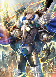 Rule 34 | 1boy, areadbhar (fire emblem), armor, belt, blonde hair, blue belt, blue cape, blue eyes, breastplate, cape, clover k, commentary, cowboy shot, crests (fire emblem), crowd, dimitri alexandre blaiddyd, eyepatch, fire emblem, fire emblem: three houses, fire emblem cipher, fur-trimmed cape, fur trim, hair between eyes, highres, holding, holding polearm, holding spear, holding weapon, looking at viewer, nintendo, official art, outdoors, pauldrons, polearm, short hair, shoulder armor, spear, standing, third-party source, weapon
