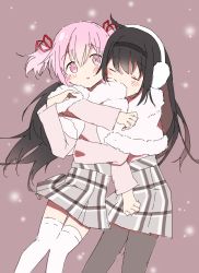Rule 34 | 2girls, akemi homura, arm around shoulder, arm around waist, black hair, black hairband, black pantyhose, capelet, closed eyes, covered mouth, cowboy shot, dot nose, earmuffs, facing viewer, fur-trimmed capelet, fur trim, furrowed brow, grey skirt, hair ribbon, hairband, head on another&#039;s shoulder, high-waist skirt, highres, hug, hug from behind, kaname madoka, light blush, light particles, long hair, long skirt, looking at another, looking back, mahou shoujo madoka magica, mahou shoujo madoka magica (anime), multiple girls, pantyhose, parted lips, pink eyes, pink hair, pink shirt, plaid, plaid skirt, red ribbon, ribbon, sepia background, shirt, shy, simple background, skirt, snow, snowing, surprised, tareme, thigh gap, thighhighs, twintails, watanuki uchiha, white capelet, white thighhighs, wide-eyed, winter, winter clothes, zettai ryouiki