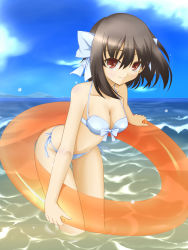 Rule 34 | 1girl, arched back, bent over, bikini, breasts, brown hair, chus, cleavage, highres, innertube, ladies versus butlers!, leaning forward, red eyes, ribbon, saikyou tomomi, short hair, smile, solo, swim ring, swimsuit, wading, water