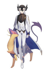 Rule 34 | 1boy, alternate costume, black hair, black necktie, brown vest, closed mouth, coat, collared shirt, commentary request, creatures (company), game freak, gen 5 pokemon, gloves, green eyes, grey hair, grimsley (pokemon), hair between eyes, liepard, long sleeves, male focus, mongguri, multicolored hair, necktie, nintendo, open clothes, open coat, pants, pokemon, pokemon (creature), pokemon sm, shirt, shoes, smile, standing, two-tone hair, vest, white background, white footwear, white pants, white vest