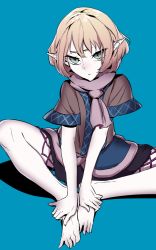 Rule 34 | 1girl, :&lt;, bad feet, barefoot, blonde hair, blue background, butterfly sitting, feet, feet together, green eyes, hands on feet, knees apart feet together, legs, mizuhashi parsee, pointy ears, scarf, shadow, shirt, short sleeves, simple background, sitting, skirt, slit pupils, solo, thupoppo, toes, touhou