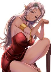 Rule 34 | 1girl, armlet, breasts, cleavage, commentary request, dark elf, dress, earrings, elf, flower, hair flower, hair ornament, jewelry, kuurunaitsu, large breasts, long hair, original, pointy ears, red dress, red eyes, silver hair, simple background, solo, white background