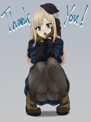 Rule 34 | 1girl, :o, beret, black hat, black pantyhose, blonde hair, blue eyes, blush, boots, brown gloves, character name, commentary request, crotch seam, fate (series), flower, full body, gloves, grey background, hair flower, hair ornament, hands on own cheeks, hands on own face, hat, jacket, long hair, long sleeves, looking at viewer, lord el-melloi ii case files, nomanota, open mouth, panties, panties under pantyhose, pantyhose, pantyshot, reines el-melloi archisorte, simple background, smile, solo, squatting, teeth, thank you, thighband pantyhose, tongue, tongue out, underwear, upper teeth only