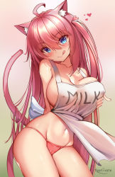 Rule 34 | 1girl, :p, animal ears, antenna hair, apron, arms behind back, blue eyes, blush, breasts, breasts squeezed together, cat ears, cat girl, cat tail, cleavage, collarbone, covered erect nipples, english text, gradient background, heart, highres, kaptivate, lactation, lactation through clothes, large breasts, long hair, looking at viewer, naked apron, navel, original, panties, pink hair, pink panties, signature, sleeveless, smile, solo, tail, tongue, tongue out, underwear, very long hair