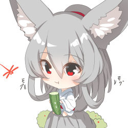 Rule 34 | 1girl, :t, animal, animal ear fluff, animal ears, barefoot, big head, bug, chibi, closed mouth, commentary request, cucumber, dragonfly, eating, food, fox ears, fox girl, fox tail, grey hair, hair between eyes, highres, holding, holding food, insect, japanese clothes, kimono, long hair, long sleeves, obi, original, ponytail, red eyes, sash, simple background, sitting, solo, tail, very long hair, white background, white kimono, wide sleeves, yuuji (yukimimi)