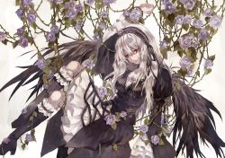 Rule 34 | 00s, 1girl, arm up, black wings, bonnet, boots, dress, flower, gothic lolita, knee boots, lolita fashion, long hair, parted lips, plant, purple rose, red eyes, rose, rozen maiden, silver hair, sitting, solo, suigintou, thorns, tsukioka tsukiho, vines, white background, wings